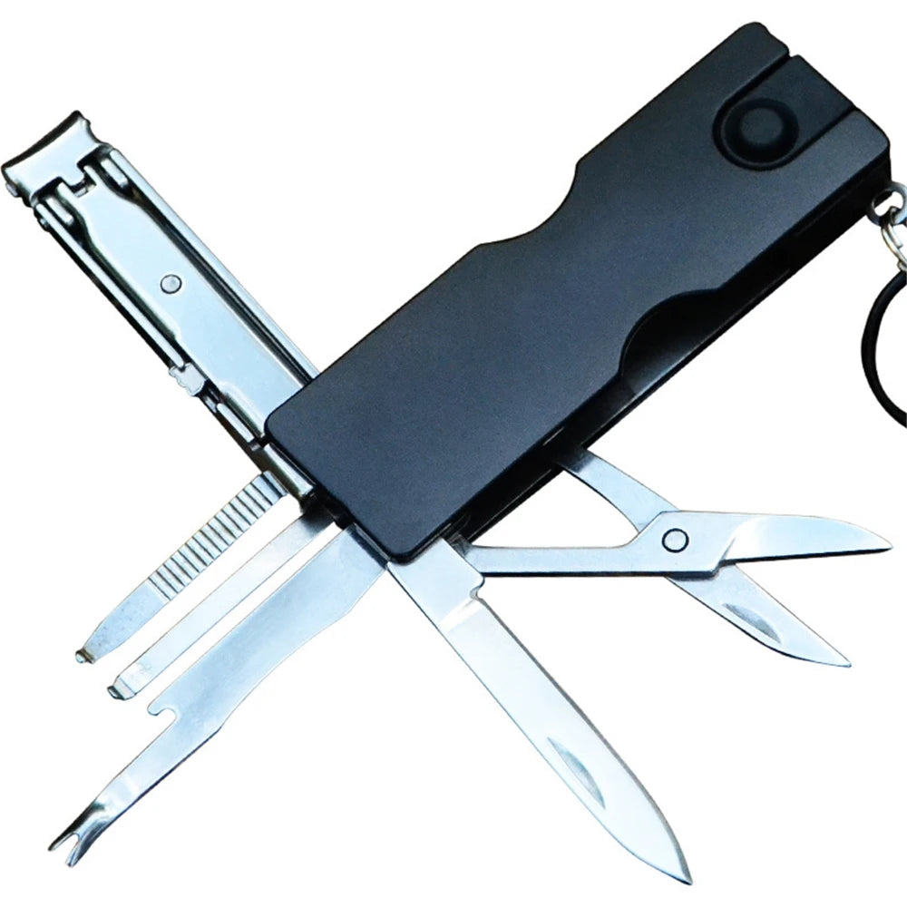 Outdoor Multifunction Mini Keychain Knife LED Light Nail Clipper Earpick Scissors Tweezer