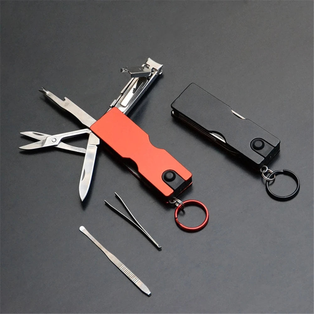 Outdoor Multifunction Mini Keychain Knife LED Light Nail Clipper Earpick Scissors Tweezer