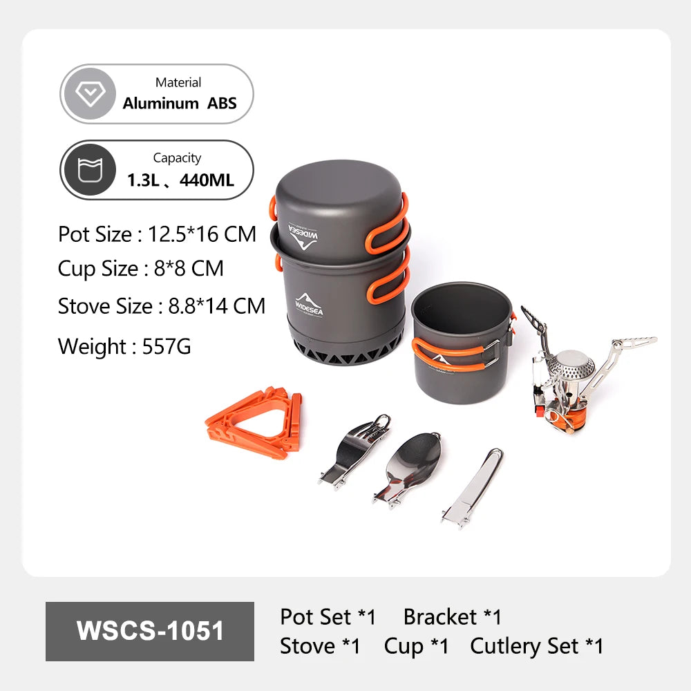 Widesea Portable Camping Cookware Set Aluminum  1.3L Pot 440ML Cup Stove Cutlery Set