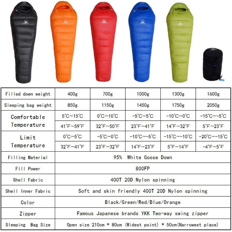 Goose Down Adult Mummy Style Sleeping Bag