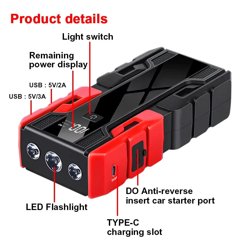 Rscrola Power Bank 3000A Jump Starter Portable Charger Car Booster 12V