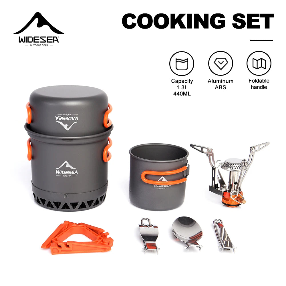 Widesea Portable Camping Cookware Set Aluminum  1.3L Pot 440ML Cup Stove Cutlery Set