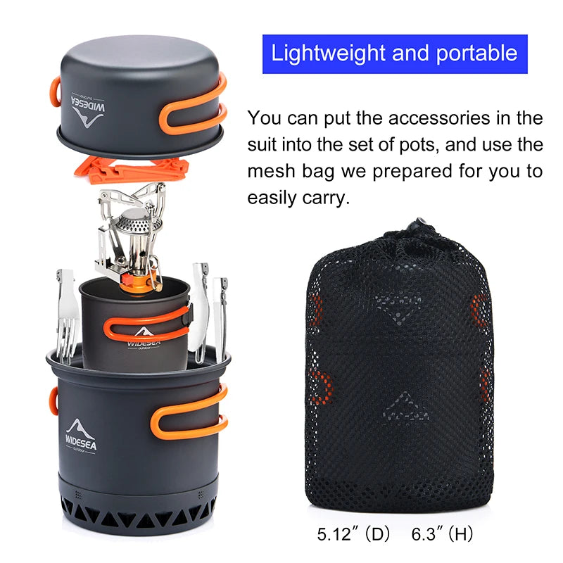 Widesea Portable Camping Cookware Set Aluminum  1.3L Pot 440ML Cup Stove Cutlery Set